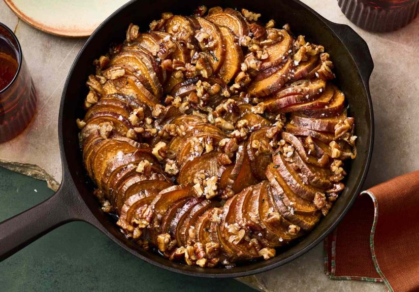 Shingled Sweet Potatoes With Orange-Glazed Pecans